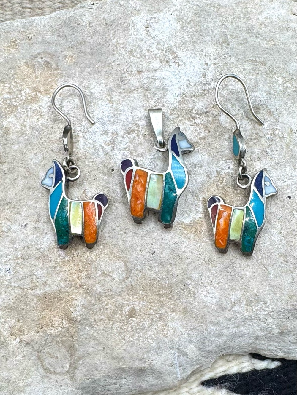 Peru 950 Sterling Silver Natural Multi Stone Inlay Alpaca Pendant Earrings Set